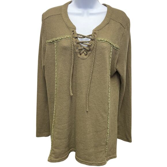 L Love Tops - L Love Olive Lace-Up Waffle Knit Top Long Sleeve Boho Cottagecore L